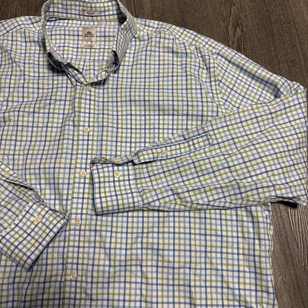 Peter Millar Sz XXL Nanoluxe Gingham Check Classic Fit Plaid Shirt Long Sleeve